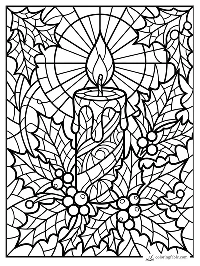 Intricate stained-glass Christmas candle with holly leaves, berries, wax drips, and a radiant flame halo.
