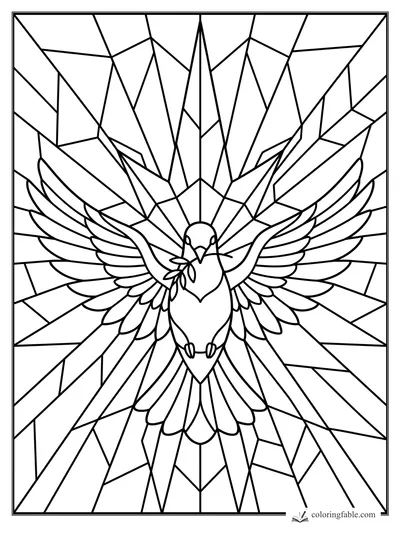 Stained-glass Christmas dove with spread wings, olive sprig, and sharp radiant glass panels
