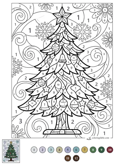 Stained-Glass Christmas Tree with Swirls and Snowflakes — color by number