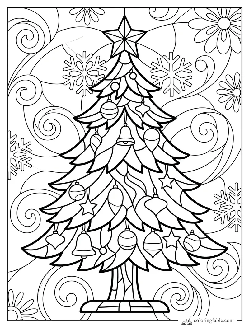 Intricate stained-glass Christmas tree with star topper, ornaments, snowflakes, flowers, and swirling panels