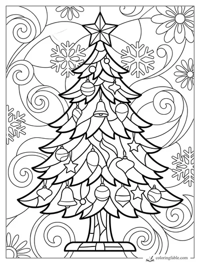 Intricate stained-glass Christmas tree with star topper, ornaments, snowflakes, flowers, and swirling panels