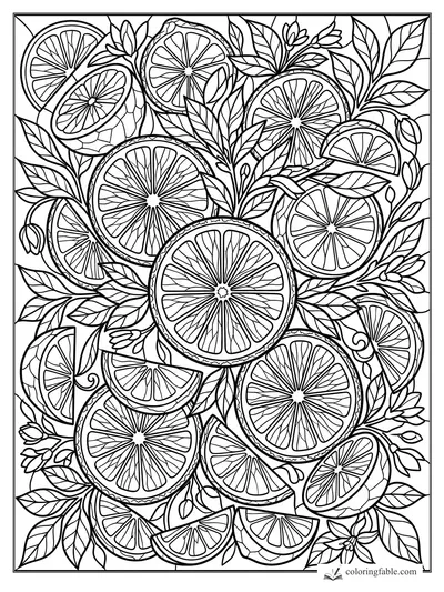 Intricate stained-glass coloring page of citrus slices, wedges, blossoms, and leafy branches.