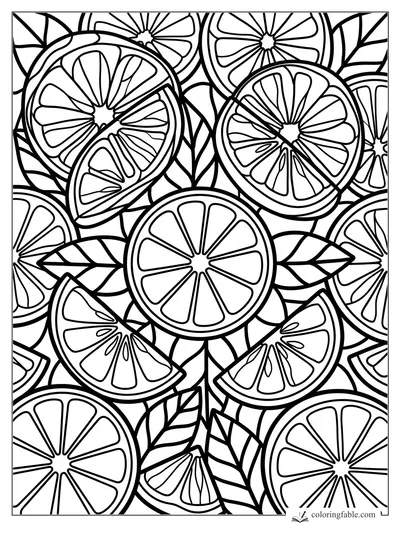 Intricate stained-glass citrus slices with wedge segments, thick rinds, and pointed leaves
