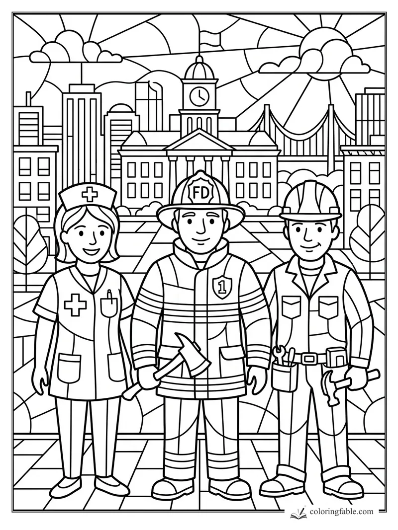 Stained-glass coloring page of a nurse, firefighter, and construction worker in front of a city skyline.