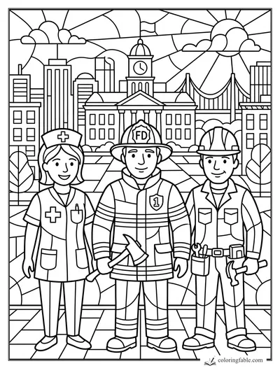Stained-glass coloring page of a nurse, firefighter, and construction worker in front of a city skyline.