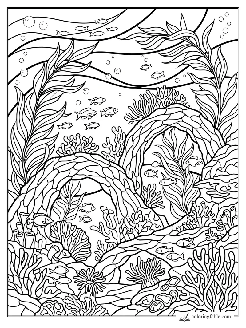Stained-glass underwater reef with coral arches, waving seaweed, bubbles, and small fish.