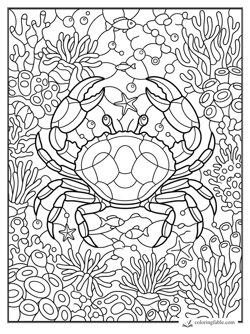 Stained-glass crab coloring page with coral, starfish, bubbles, and small fish in a reef scene