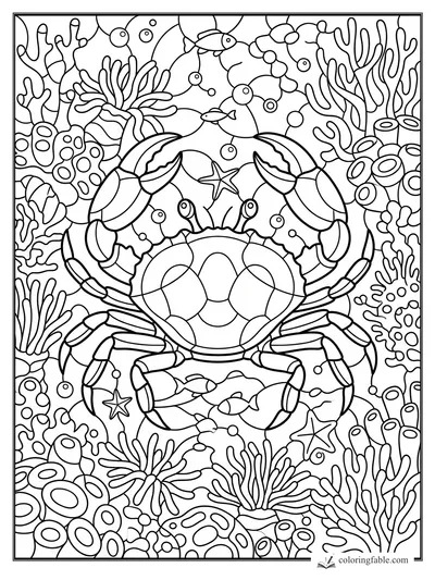 Stained-glass crab coloring page with coral, starfish, bubbles, and small fish in a reef scene