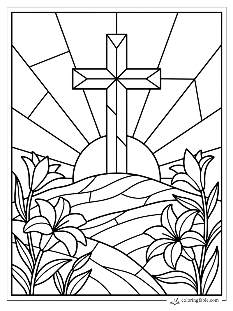 Stained-glass cross over sunrise hills with lilies and radiating glass panels