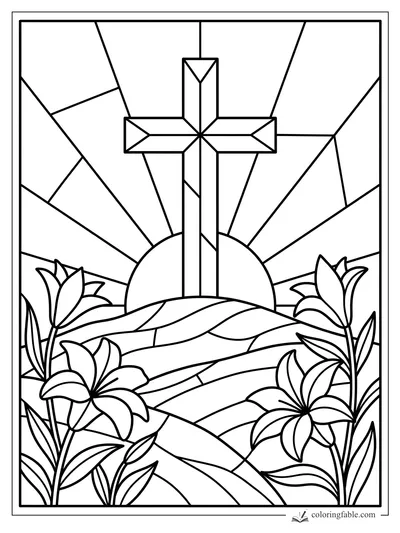 Stained-glass cross over sunrise hills with lilies and radiating glass panels