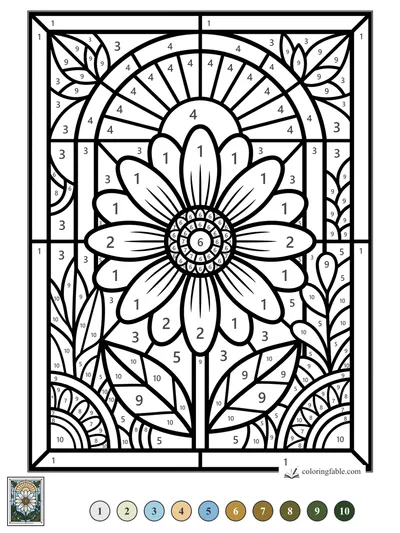 Stained-Glass Daisy with Sunburst Arch — color by number