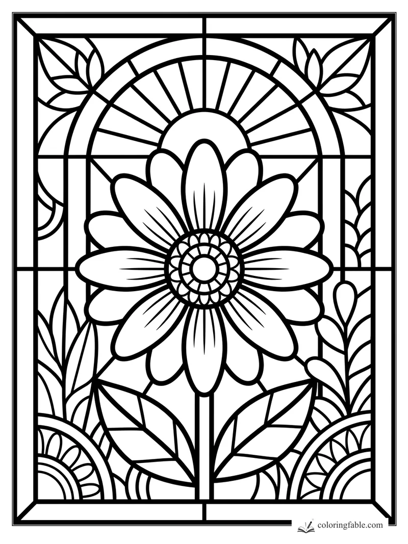 Intricate stained-glass daisy with layered petals, leaf corners, sunburst arch, and geometric border