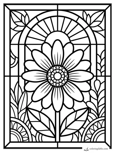 Intricate stained-glass daisy with layered petals, leaf corners, sunburst arch, and geometric border