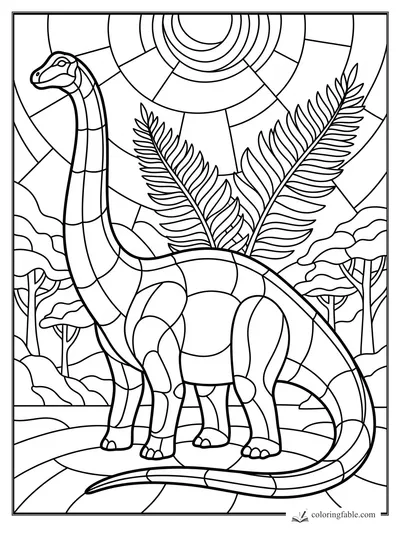 Stained-glass diplodocus with long neck, tall ferns, forest trees, and a ringed sun background