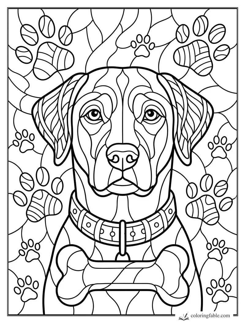 Stained-glass dog portrait with droopy ears, collar, bone, paw prints, and tennis balls