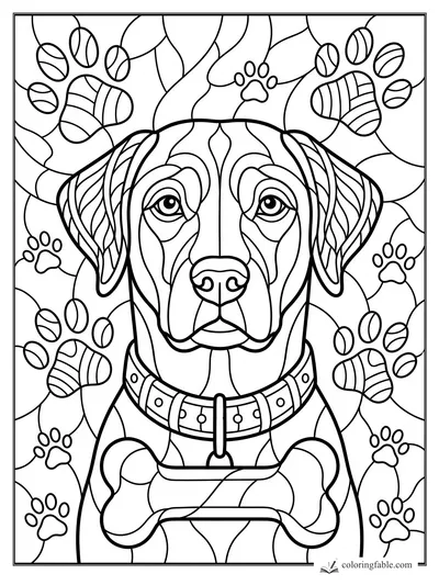 Stained-glass dog portrait with droopy ears, collar, bone, paw prints, and tennis balls