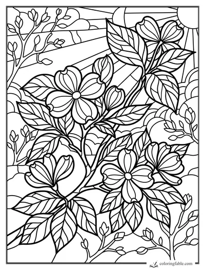 Intricate stained-glass dogwood flowers, veined leaves, budding twigs, sun rays, clouds, and crescent moon