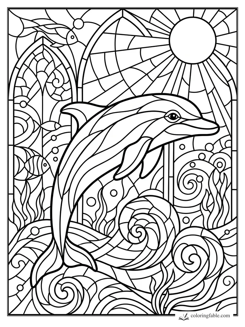 Intricate stained-glass dolphin with sun rays, fish, shells, bubbles, and seaweed.