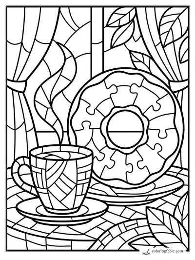 Stained-glass donut on a plate beside a steaming cup, curtains, window, and leafy plants.