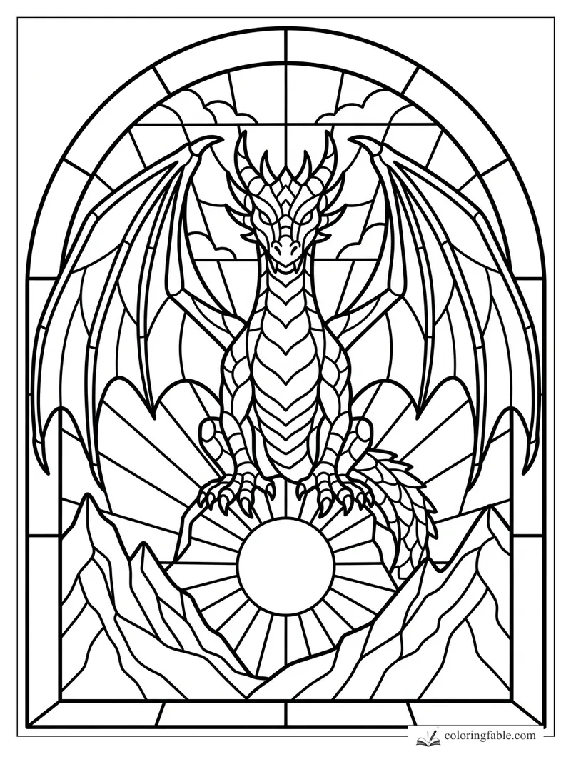 Stained-glass dragon with spread wings perched above a sun disk and jagged mountains.