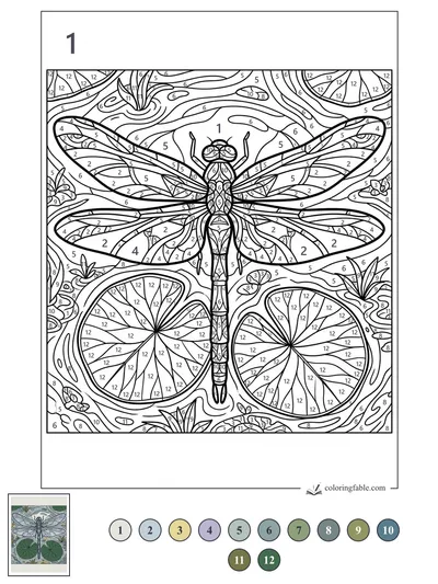 Stained-Glass Dragonfly Over Lily Pads — color by number