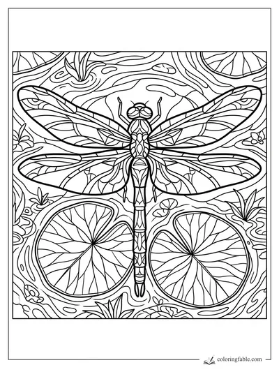 Intricate stained-glass dragonfly hovering above lily pads, pond ripples, reeds, and tiny blossoms.