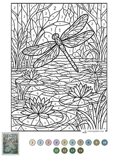 Stained Glass Dragonfly Over Water Lilies — color by number
