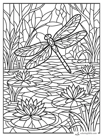 Intricate stained glass dragonfly hovering above lily pads, lotus flowers, reeds, and pond ripples.