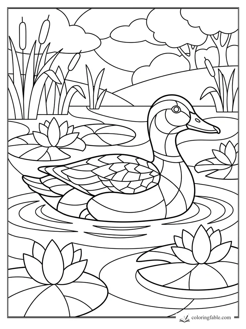 Stained-glass style duck swimming past lotus flowers, lily pads, cattails, trees, and pond ripples.