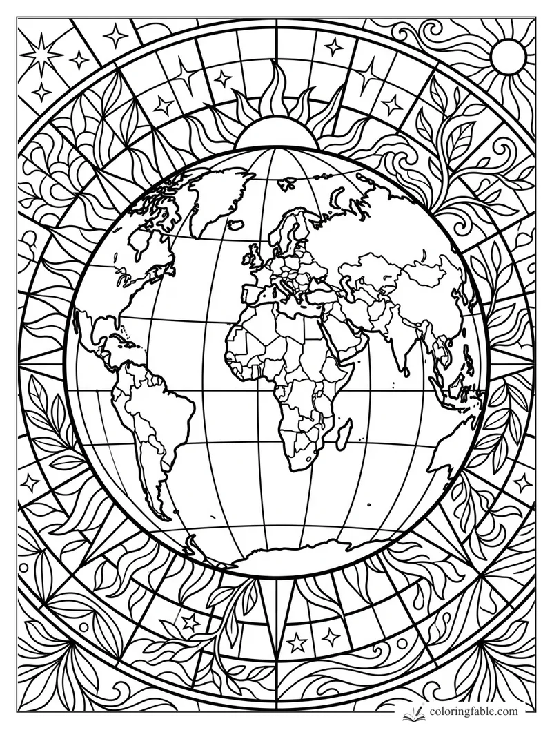 Intricate stained-glass Earth map framed by sun rays, stars, leaves, and compass points