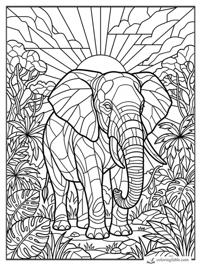 Intricate stained-glass elephant in jungle leaves with sun rays and clouds behind it