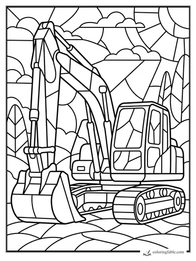 Stained-glass excavator with bucket, tracks, trees, clouds, hills, and sun