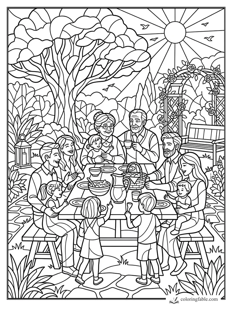 Intricate stained-glass family picnic with grandparents, children, rose arbor, sun rays, birds, and garden table