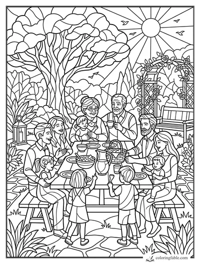 Intricate stained-glass family picnic with grandparents, children, rose arbor, sun rays, birds, and garden table