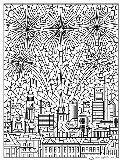 Intricate stained-glass July fireworks bursting above a city skyline with stars, church spire, and bell.