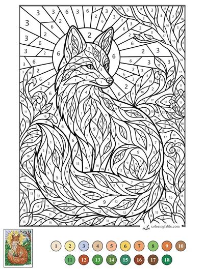 Stained-Glass Fox in a Leafy Sunburst — color by number