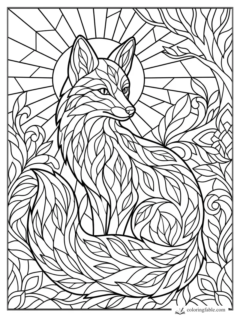 Stained-glass fox with leaf-pattern fur, curled tail, sunburst halo, vines, and a tree