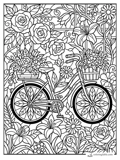 Intricate stained-glass bicycle coloring page with flower baskets, roses, lilies, daisies, leaves, and vines.