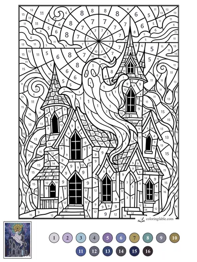 Stained-Glass Ghost Above a Spired Haunted Mansion — color by number