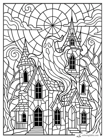 Intricate stained-glass ghost floating over a tall haunted mansion with spires, swirling clouds, and a round moon.