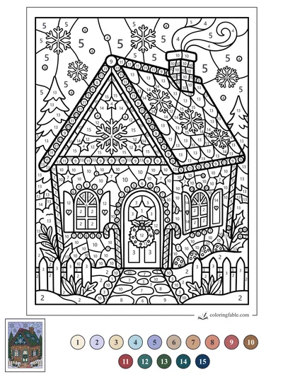Stained-Glass Gingerbread Cottage with Snowflakes — color by number