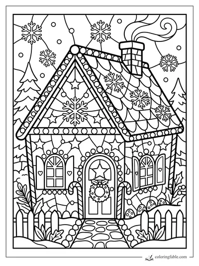 Intricate stained-glass gingerbread cottage with candy canes, wreath, snowflakes, chimney, and picket fence.