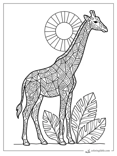 Intricate stained-glass giraffe with patterned spots, tropical leaves, and a round sun halo