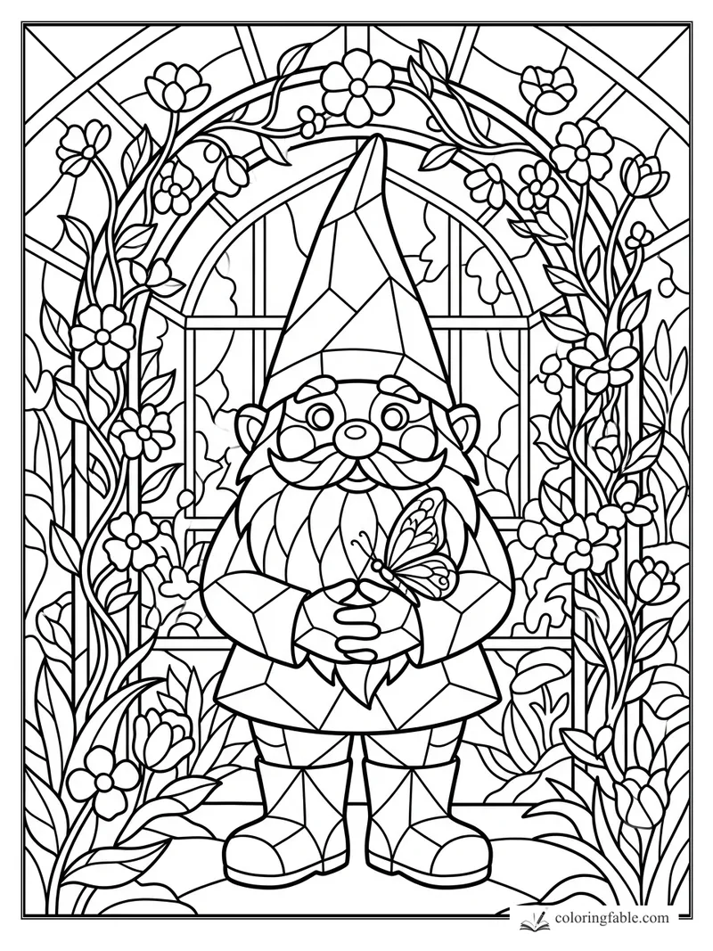 Intricate stained-glass gnome holding a butterfly beneath an arched window and flowering vines