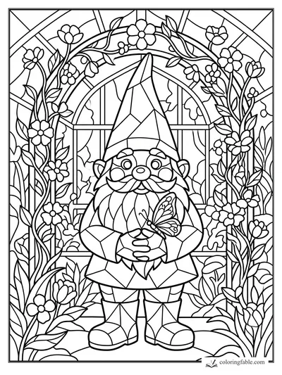 Intricate stained-glass gnome holding a butterfly beneath an arched window and flowering vines