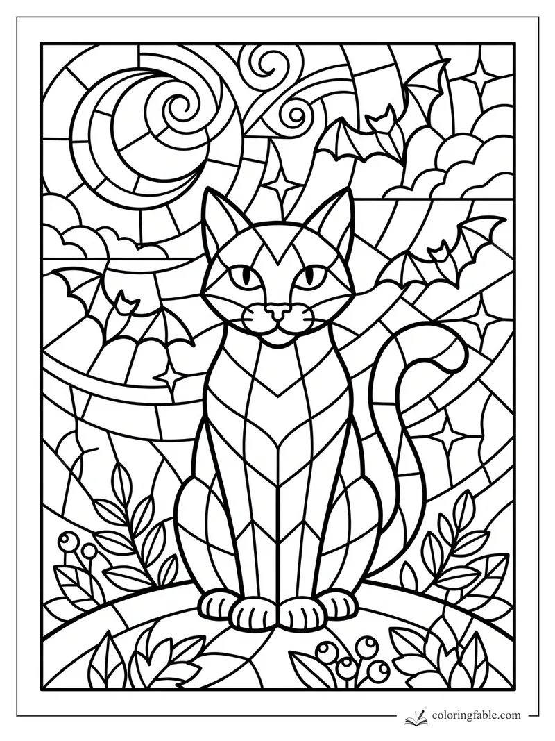 Stained-glass Halloween cat with bats, spiral moon, stars, clouds, leaves, and curling tail