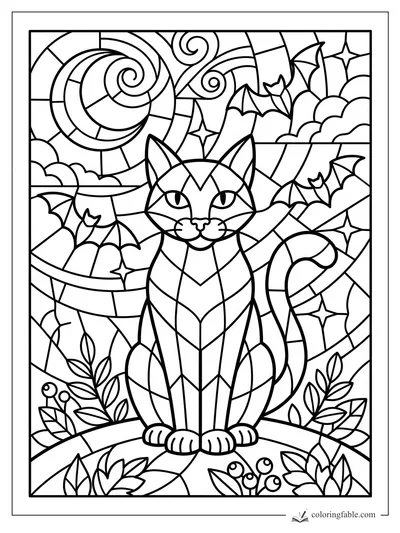 Stained-glass Halloween cat with bats, spiral moon, stars, clouds, leaves, and curling tail