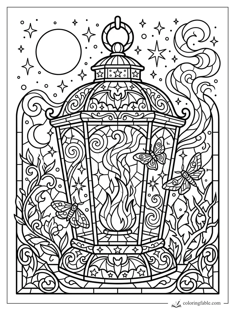 Intricate stained-glass Halloween lantern with flame, moths, moon, stars, vines, and swirling smoke.