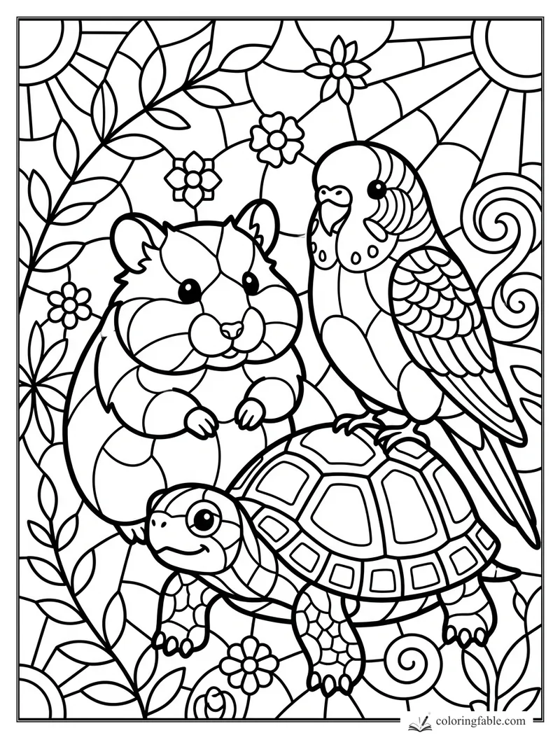 Stained-glass coloring page with a hamster, budgie, and turtle among flowers, vines, suns, and swirls.
