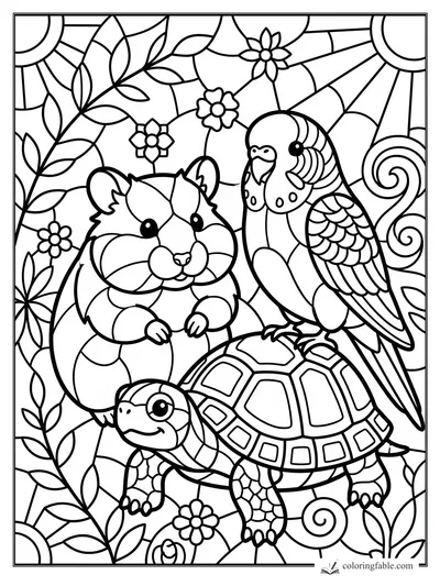 Stained-glass coloring page with a hamster, budgie, and turtle among flowers, vines, suns, and swirls.
